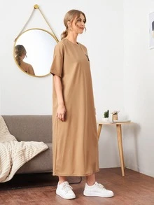 SHEIN Slogan and Graphic Print Drop Shoulder Tee Dress - Camel - View 5