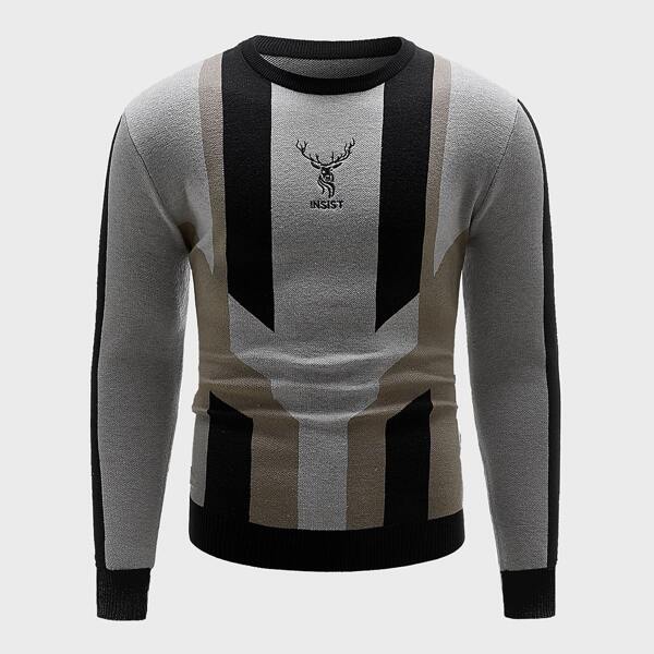 

Men Embroidery Front Color Block Sweater, Grey