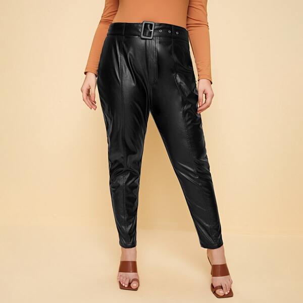 

Plus Buckle Belted PU Leather Pants, Black