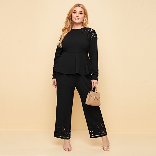 

Plus Laser Cut Insert Peplum Top and Pants Set, Black