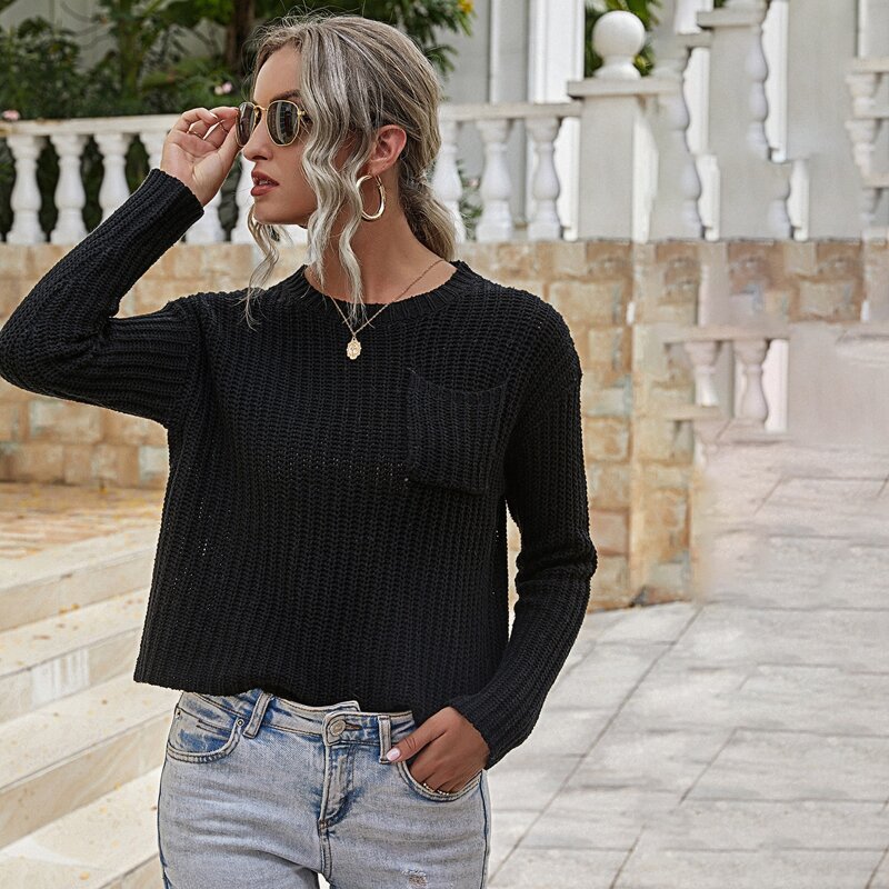 

Rib-knit Pocket Front Crop Sweater, Black