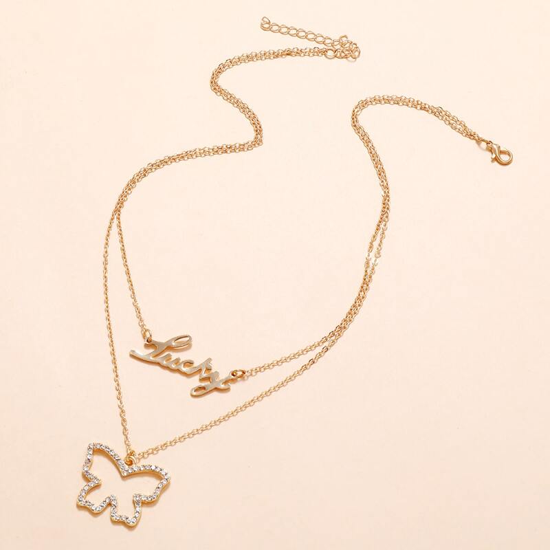 

Rhinestone Butterfly Charm Necklace, Gold