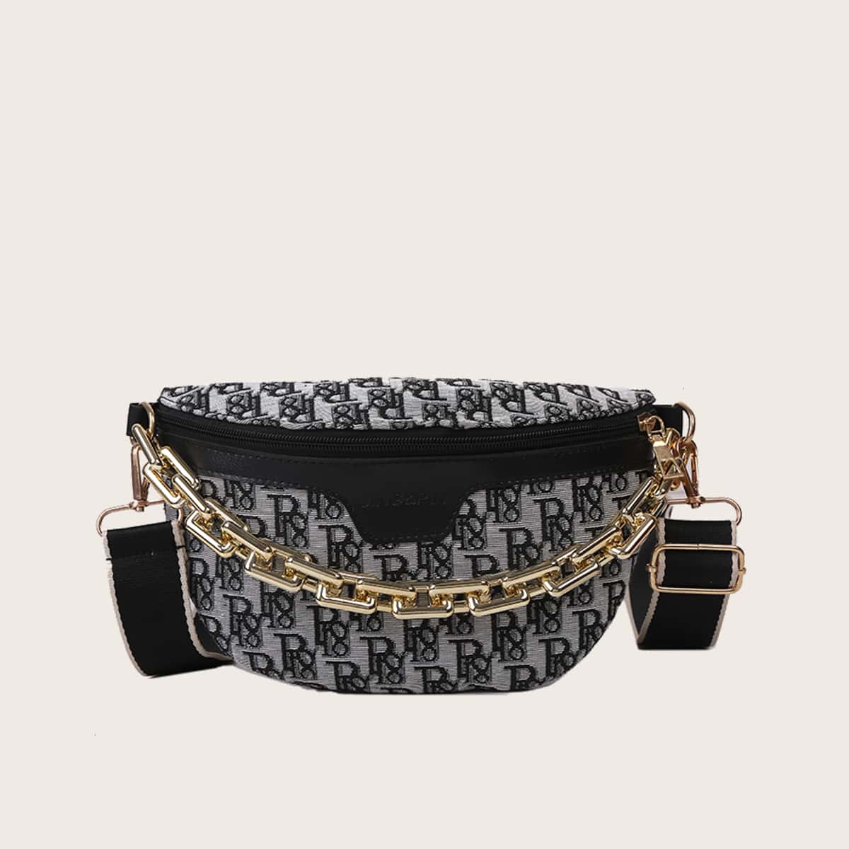 

Letter Graphic Chain Decor Fanny Pack, Black