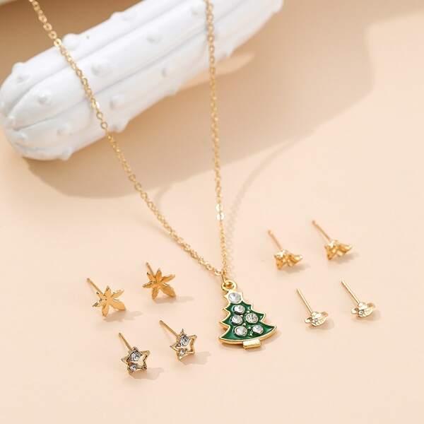 

Christmas Tree Charm Necklace & 4pairs Earrings, Multicolor