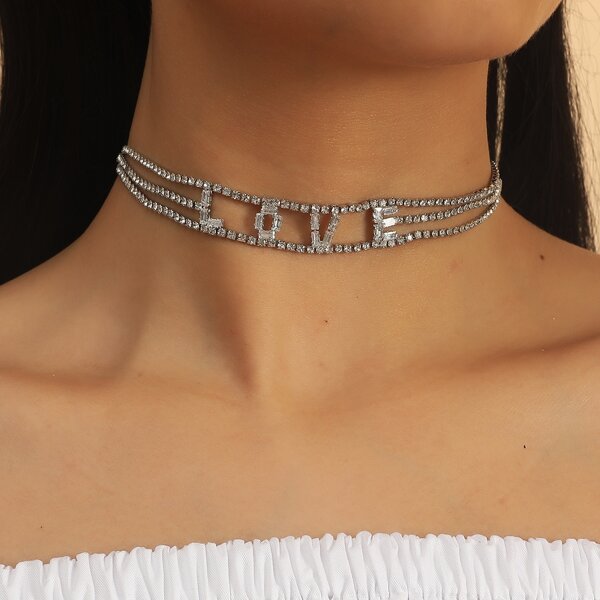 

Rhinestone Letter Decor Choker, White