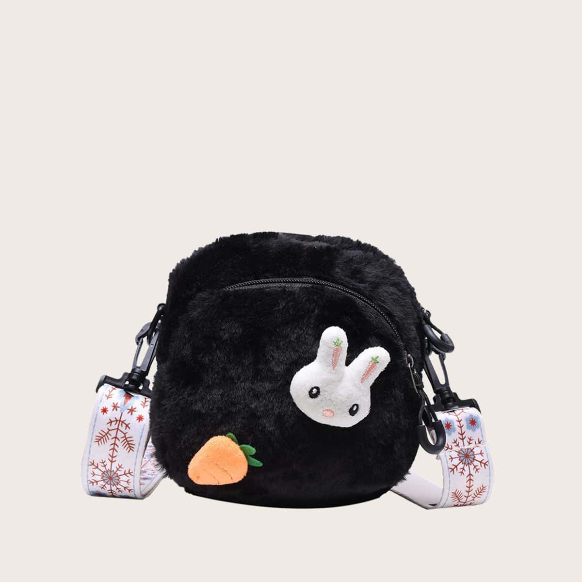 

Rabbit Decor Fluffy Crossbody Bag, Black