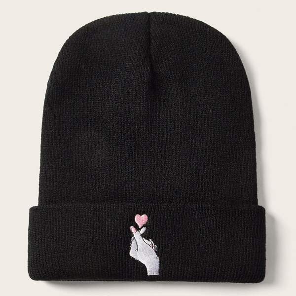 

Hand Embroidery Knit Beanie, Black