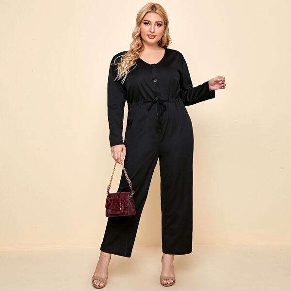 

Plus Solid Button Front Drawstring Waist Jumpsuit, Black
