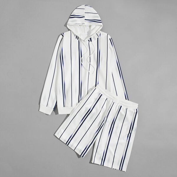

Men Striped Drawstring Hoodie & Track Shorts, White