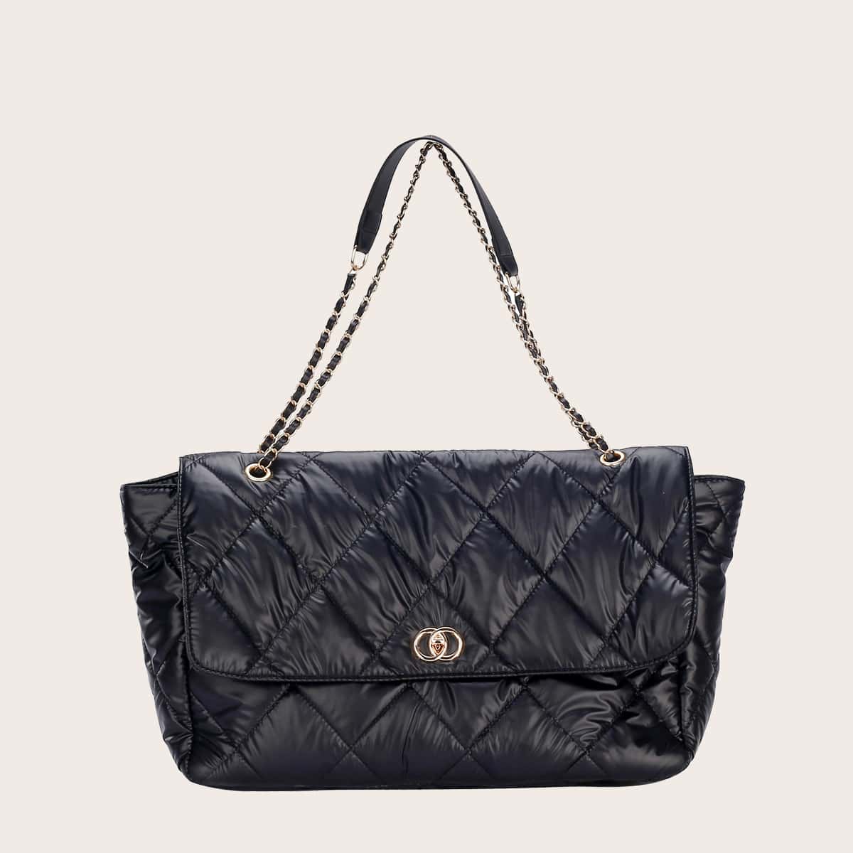 

Quilted Flap Tote Bag, Black