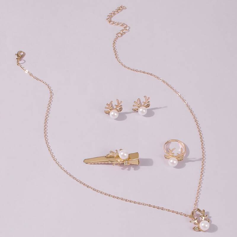 

4pcs Christmas Faux Pearl Decor Jewelry Set, Gold