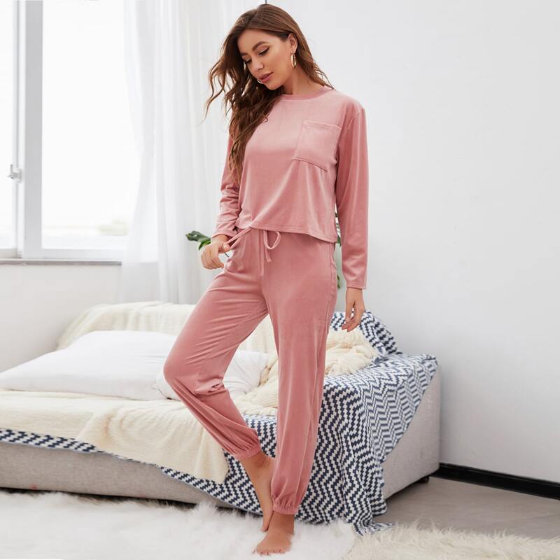 

Solid Knot Front Pajama Set, Coral pink