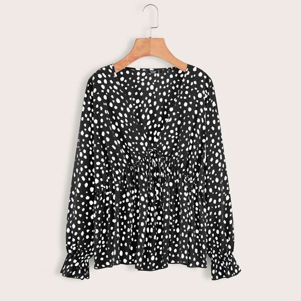 

Plus Dalmatian Print Flounce Sleeve Peplum Blouse, Black