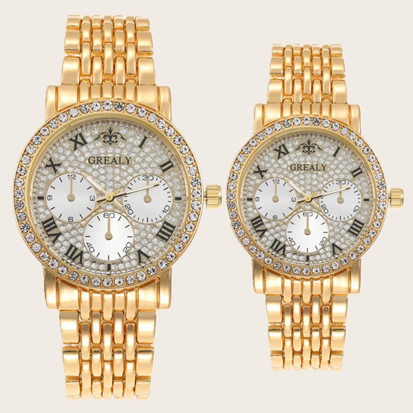 

2pcs Couple Rhinestone Decor Round Pointer Quartz Watch
