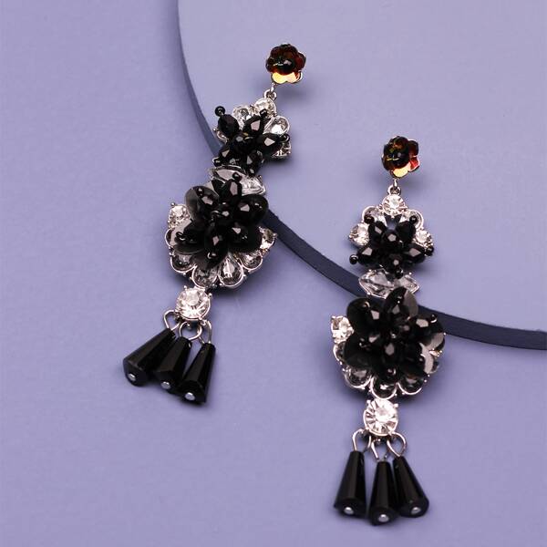 

Crystal Flower Drop Earrings, Black