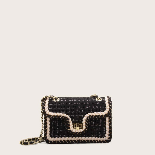 

Sequin Decor Tweed Crossbody Bag, Black