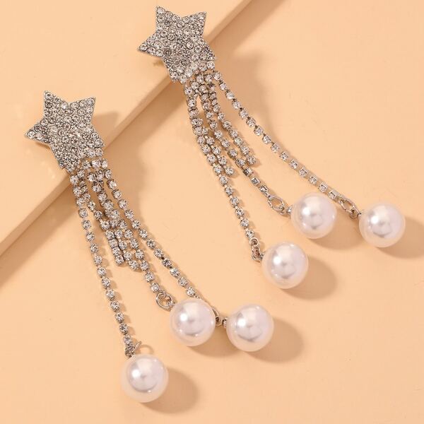 

Faux Pearl Decor Rhinestone Tassel Earrings, Silver
