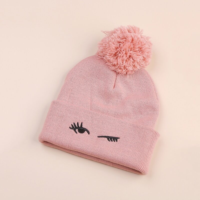 

Pom Pom Decor Eyelash Graphic Beanie, Pink