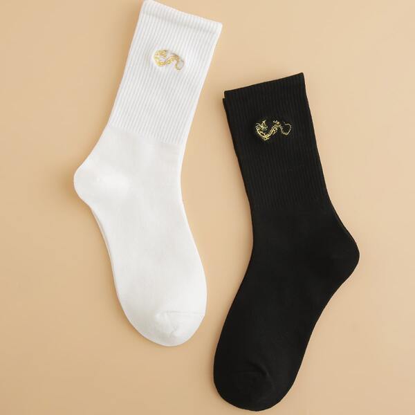 

2pairs Men Chinese Dragon Embroidery Socks, Black and white