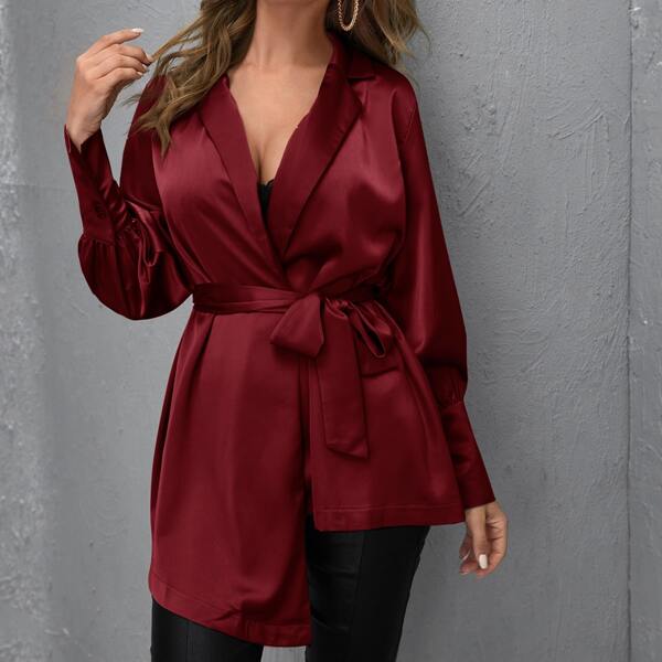 

Open Front Belted Asymmetrical Hem Blazer, Burgundy