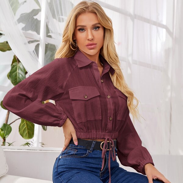 

Flap Pocket Drawstring Hem Raglan Sleeve Top, Maroon