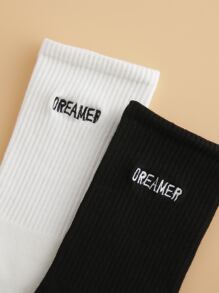 2 pares calcetines de hombres con diseño bordado de letra - Blanco y Negro - Ver 3