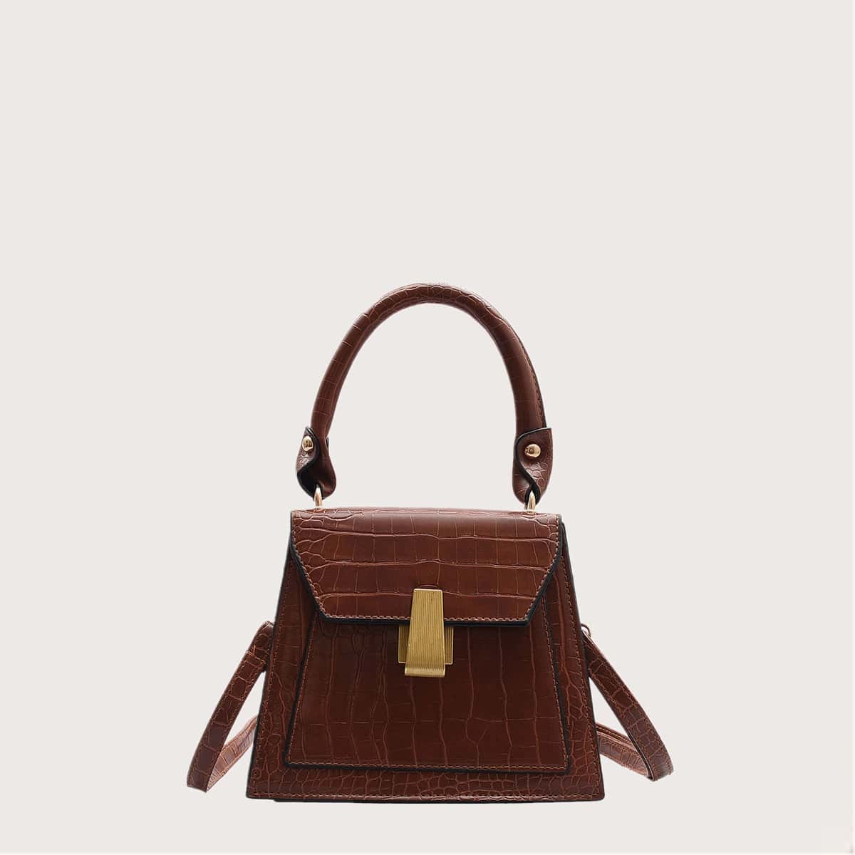

Croc Embossed Flap Satchel Bag, Brown