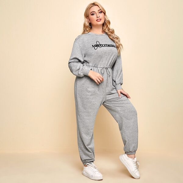 

Plus Drawstring Waist Slogan Graphic Jumpsuit, Grey