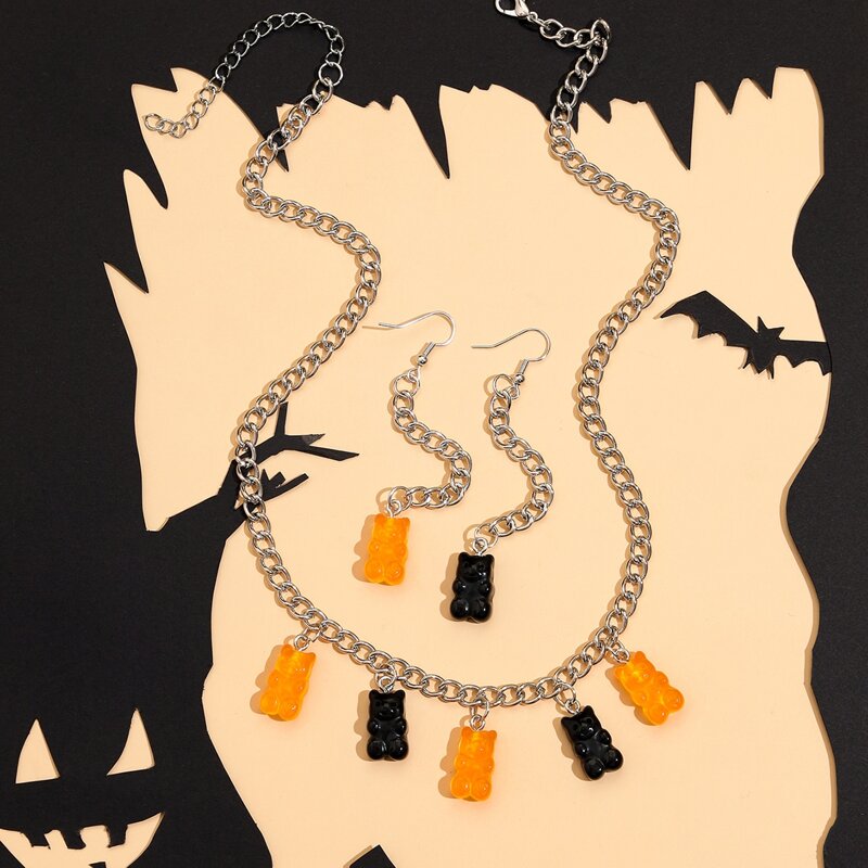 

1pc Bear Pendant Chain Necklace & 1pair Earrings, Multicolor
