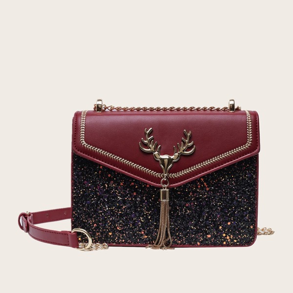 

Tassel & Glitter Decor Crossbody Bag, Red
