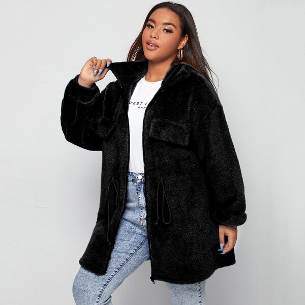 

Plus Drawstring Waist Drop Shoulder Teddy Coat, Black