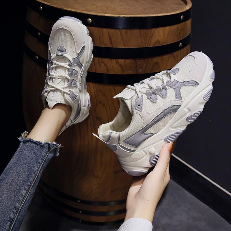 

Lace-up Front Mesh Panel Chunky Sneakers, White