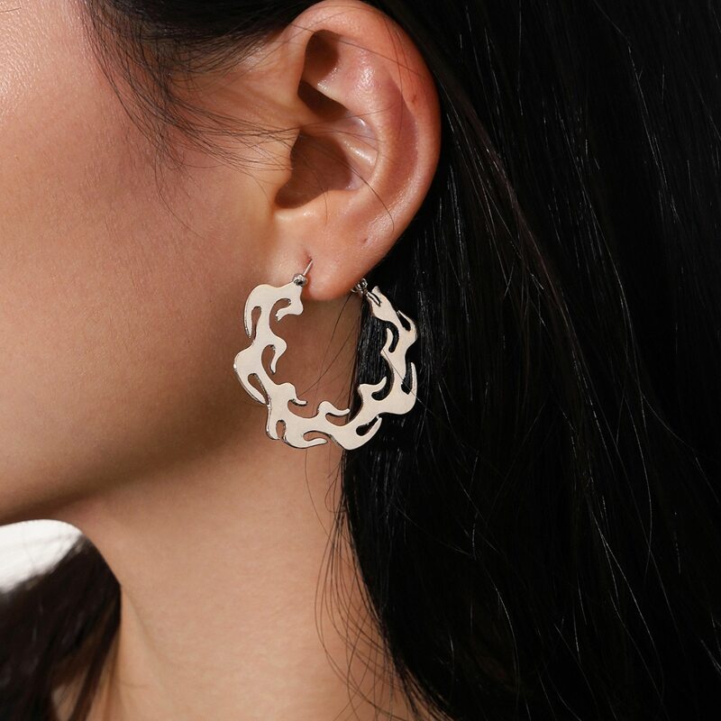 

Flame Shaped Hoop Earrings, Silver