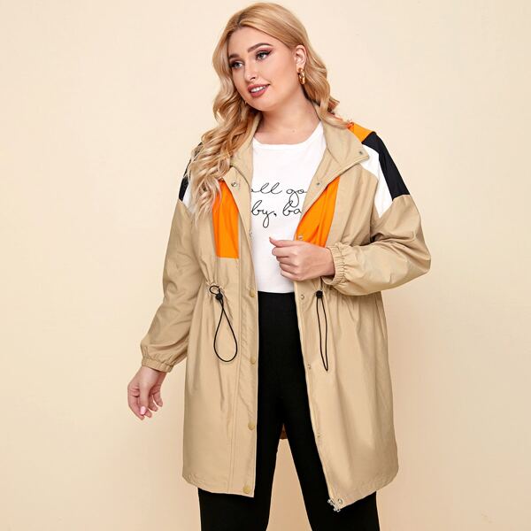 

Plus Drawstring Waist Colorblock Hooded Coat, Khaki