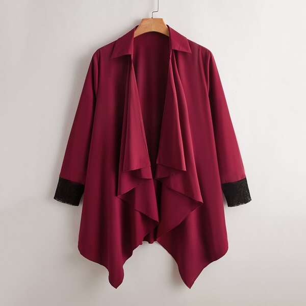 

Plus Waterfall Collar Contrast Lace Open Front Coat, Maroon