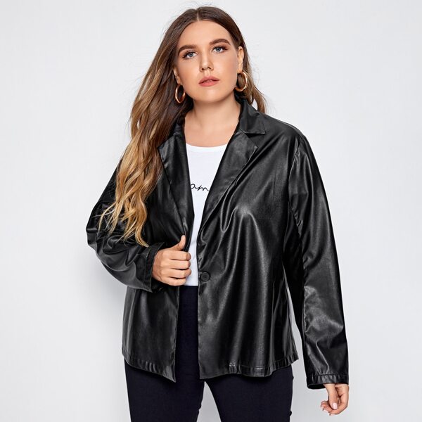 

Plus Lapel Collar Single Button PU Coat, Black