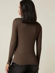 SHEIN BASICS 紐扣半開襟羅紋針織T恤 - 摩卡棕 - 查看 2