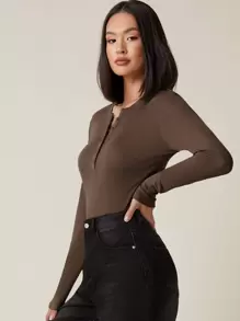 SHEIN BASICS 紐扣半開襟羅紋針織T恤 - 摩卡棕 - 查看 3
