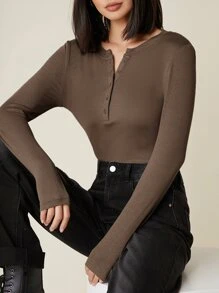 SHEIN BASICS 紐扣半開襟羅紋針織T恤 - 摩卡棕 - 查看 4