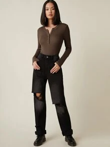 SHEIN BASICS 紐扣半開襟羅紋針織T恤 - 摩卡棕 - 查看 5