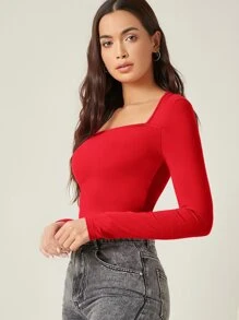 SHEIN BASICS Camiseta crop algodón de cuello cuadrado unicolor - Rojo - Ver 3
