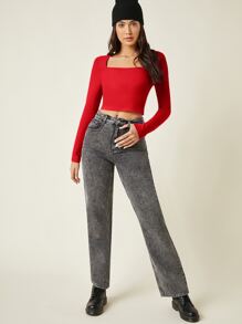 SHEIN BASICS Camiseta crop algodón de cuello cuadrado unicolor - Rojo - Ver 5