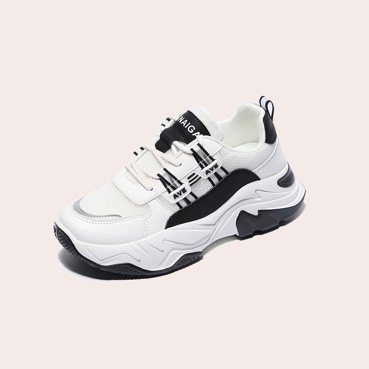 

Color Block Lace-up Front Chunky Sneakers, Black and white