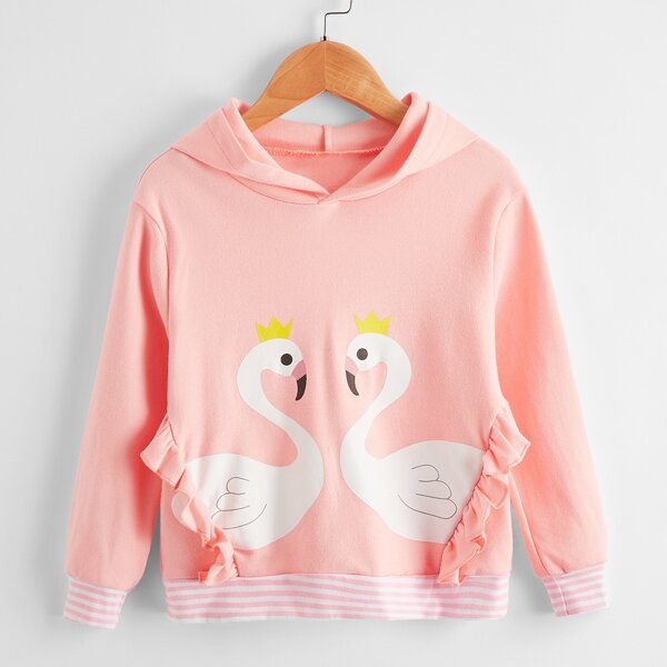 

Toddler Girls Swan Print Ruffle Trim Hoodie, Baby pink