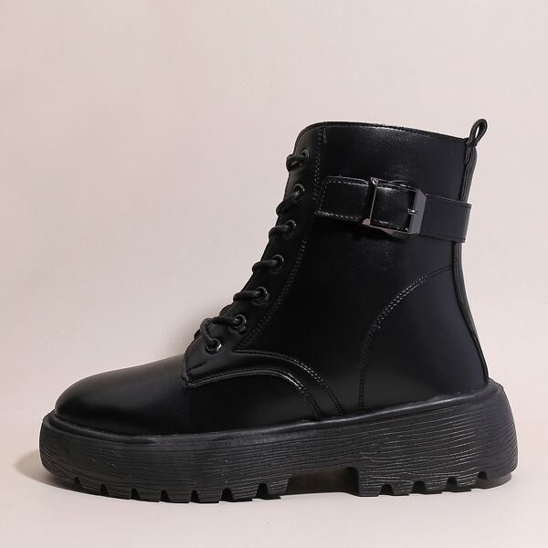 

Buckle Decor Lace-up Front Combat Boots, Black