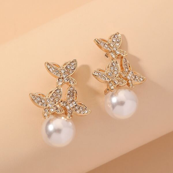 

Faux Pearl Decor Butterfly Design Earrings, Gold