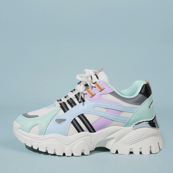 

Lace-up Front Colorblock Chunky Sneakers, Mint green
