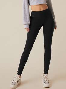 SHEIN BASICS Wide Waistband Solid Leggings - Black - View 1