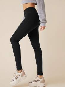 SHEIN BASICS Wide Waistband Solid Leggings - Black - View 3