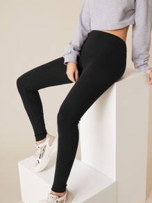 SHEIN BASICS Wide Waistband Solid Leggings - Black - View 4